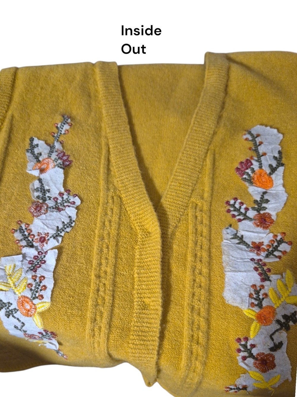 Floral Embroidered Sweater Vest M Mustard Cable Knit Cottagecore Boho Indie Folk - Picture 5 of 6